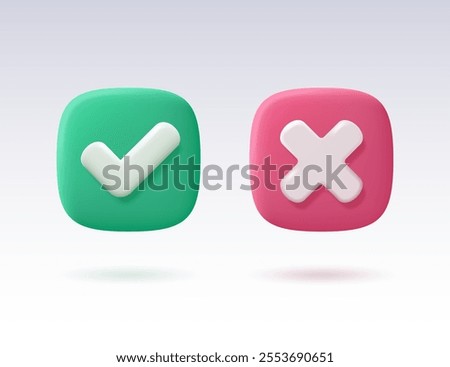Green check mark and red cross isolated on light background. Vector 3d illustration.