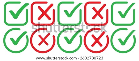Green check mark and red cross mark in circle. cross mark icons. tick and cross symbol. Check mark icon button set. Check box icon with right and wrong buttons and yes or no 