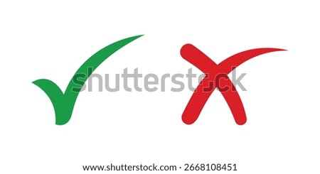 Green check mark and red cross symbol icon representing correct and incorrect choices, approval and rejection, decision making, success and failure, validation and error concepts