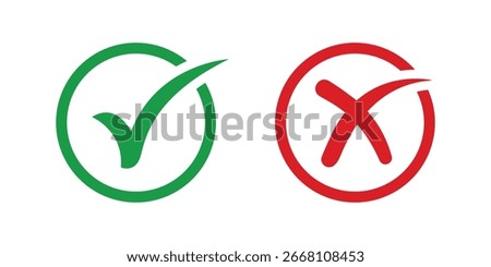 Green check mark and red cross symbol icon representing correct and incorrect choices, approval and rejection, decision making, success and failure, validation and error concepts