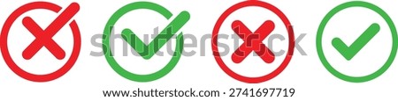 Green check mark and red cross mark icon. set. Success and failure symbols. right and wrong buttons. Yes and no signs. checklist signs