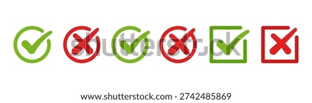 Green check mark and red cross mark icon set. Minimalist yes and no choice icon collection. Clean true and false symbol illustration