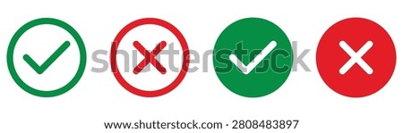 Green check mark and red cross vector icons set for approval or denial signs