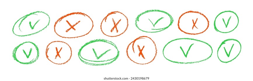 Green check mark and red crosses in ellipses icon set, colored charcoal circles and ovals. Tick symbol in green color. Right and wrong marks vector elements. Doodle checkmarks and crosses.