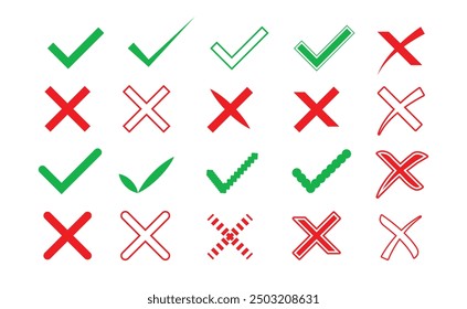 Green check mark and red crosses icon vector illustration, isolated on white background.