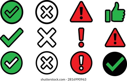 Green Check Mark Red Warning Cross Icons Vector Collection
