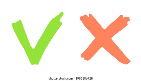 Marca de verificación verde e ilustración de vector X rojo. Iconos vectoriales de marca de verificación. Marcas de verificación cruzadas de marca verde y rojo x. Grungy estilo dibujado a mano. Símbolos aceptados y rechazados. Sí y sin señales planas