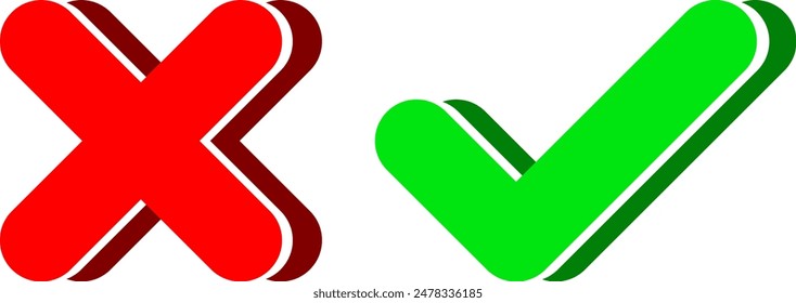 Marca de verificación verde X cruz roja, aceptar negar correcto error signos icono de Vector