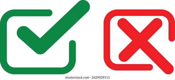 Green Check mark Red X: Approval and Denial Icons,
Success and Error Symbols: UI Confirmation Graphics,
Tick Mark and Cross Icon: Digital Status Indicators.
