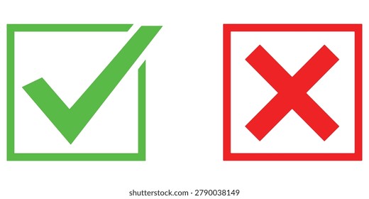 Green check mark and red X mark inside squares, representing choice, approval, denial, success, and failure.