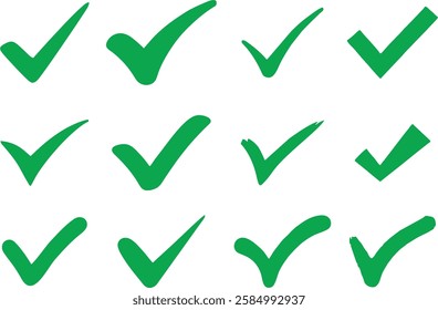 Green Check mark right or correct icons. Different style and shape checklist designs. Check-mark for voting, approval, selection, business, office, poster, and web designs. Editable vector, EPS 10.