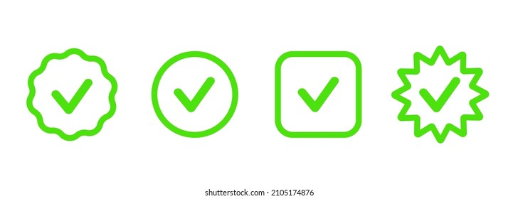 Marca de verificación verde. Conjunto de iconos verdes con marcas de verificación aisladas en fondo blanco. Vector clipart.