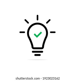 Green check mark sign in bulb icon. Concept of lightbulb on wirelike startup and easy inspiration or invention power. Vector EPS 10. Isolated on white background