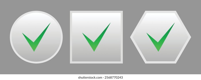 Green check mark sign with circle, square, and hexagon frame template set.