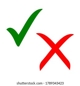 signo de marca de verificación verde y signo de cruz x rojo aislado en fondo blanco. ilustración vectorial
