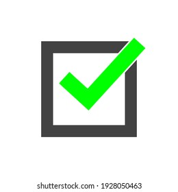 Green Check Mark Sign Tick In Black Check Box. Checklist Icon Isolated On White Background. Vector Illustration