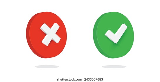  green check mark, symbolizing approval or correctness, is positioned closely to a red cross, representing rejection or incorrectness. Both icons are rendered in a three-dimensional style as vector.