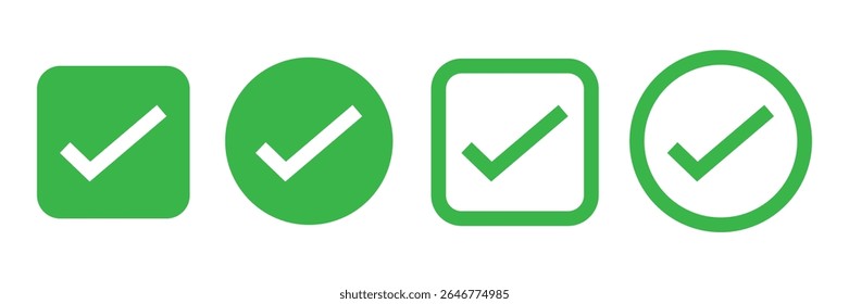 Green check mark symbols in various shapes isolated on white background
