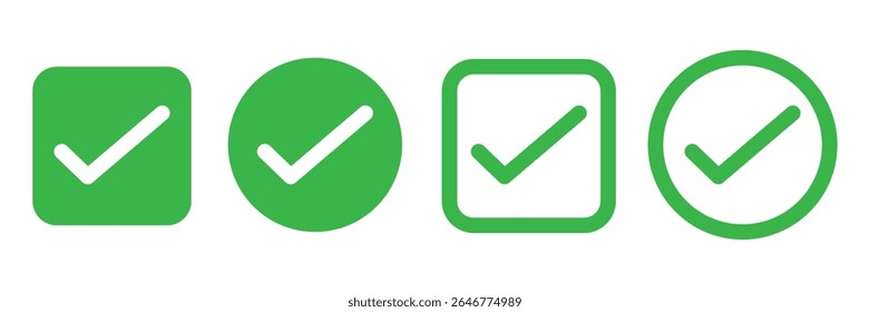 Grüne Häkchensymbole in verschiedenen Formen, einzeln auf weißem Hintergrund