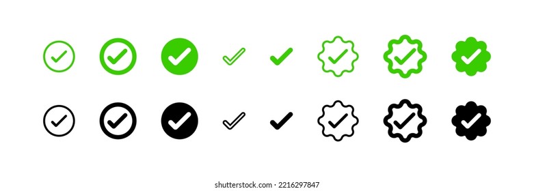 Green check mark. Tick icon. Outline symbol. Certificate approve. Vector isolated sign.