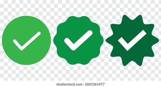 Green check mark or Tick mark icon set. Green tick symbol. Vector checkmark icon., Green checkmark isolated on white background. Correct vote choose isolated symbol. 