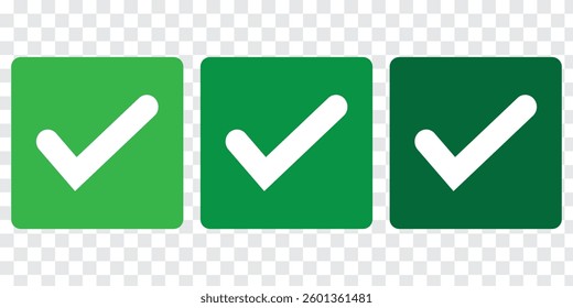 Green check mark or Tick mark icon set. Green tick symbol. Vector checkmark icon., Green checkmark isolated on white background. Correct vote choose isolated symbol. 