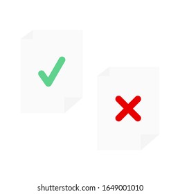 marca de verificación verde marca en papel y rojo x signo cruzado en papel aislado en fondo blanco. ilustración vectorial 
