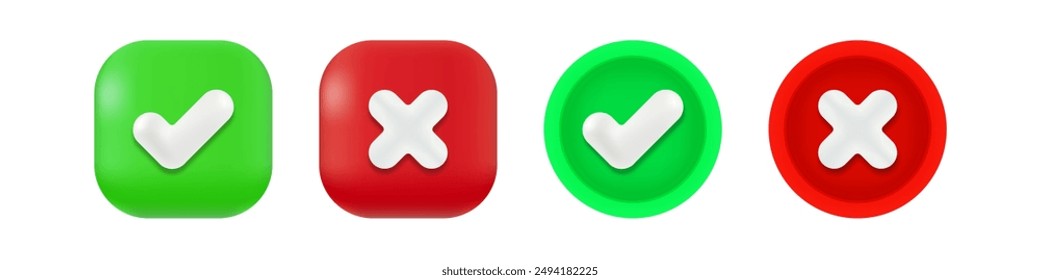 Green Check Mark Tick and Red Cross X Icons on Round and Square Backgrounds - Approved True, Rejected False Symbols. Vector.