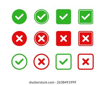green check mark tick and red cross vector icon set