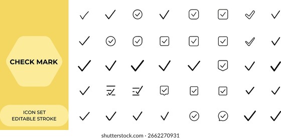 Conjunto de iconos de Vector de marca de verificación verde. Símbolo de marca simple para la lista de verificación, aceptar, votar o la elección correcta. Mejora e ilustración de marca correcta. Vector claro del diseño de la marca de verificación y más.