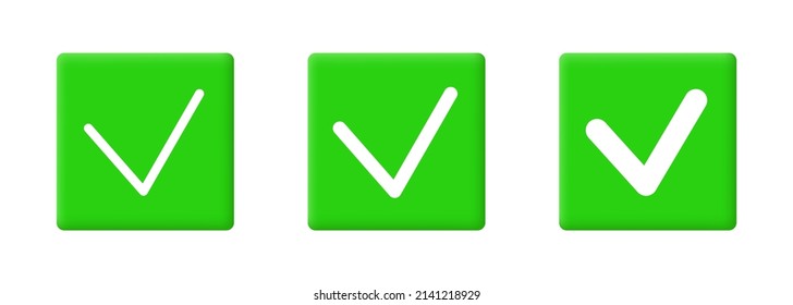 Green check mark. White arrows on green 3d squares. Vector 3d check mark isolated on white background.
