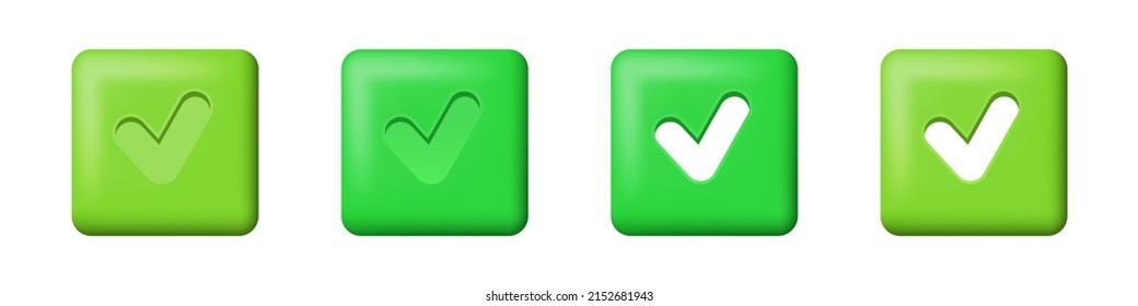 Green check mark. White arrows on green 3d squares. Vector 3d check mark isolated on white background.