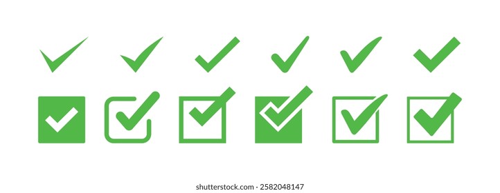Green check marks in different variants. check mark icon vector .symbol, sign, yes, right. checkmark vector, checkmark icon set, approved symbol, checked checkbox mark, checkmark set.