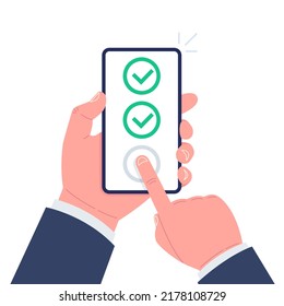 Grüne Markierungen auf dem Smartphone-Bildschirm. Hand hält das Smartphone und Fingerberührungsschirm. Vektorgrafik.