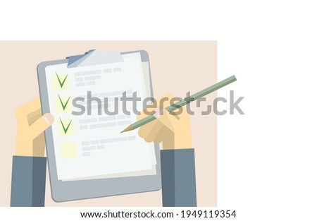 green check marks in the questionnaire and a holder for papers with a pencil in hand. multiple choice survey