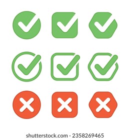 Green check marks and red cross signs collection. Checkboxes with yes and no, tick and cross labels. Approved and reject signs