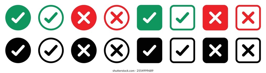 Green check marks and red cross marks icon button isolated on a white background. Tick and cross symbol. Accepted or rejected, true or false, right or wrong, yes or no signs. Vector illustration.