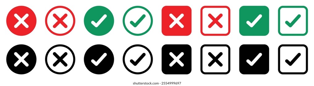 Green check marks and red cross mark icon button. Check mark icons set. Tick and cross symbol. Accepted or rejected, true or false, right or wrong, yes or no signs icons. Vector illustration.