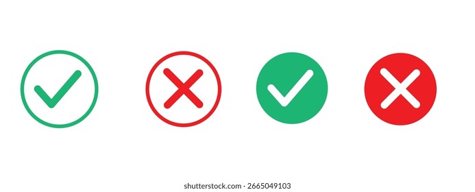 Green Check Marks and Red Cross Icons – Correct and Wrong Symbols Vector Set
