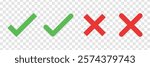 Green check marks and red crosses on a transparent background. Symbols for correct and incorrect. Check marks and crosses for decisions and feedback. Vector element set.