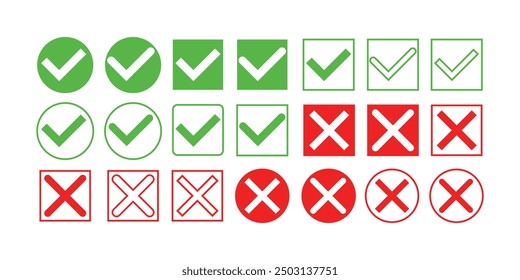 Green check marks and red crosses icon vector illustration, isolated on white for design elements.
