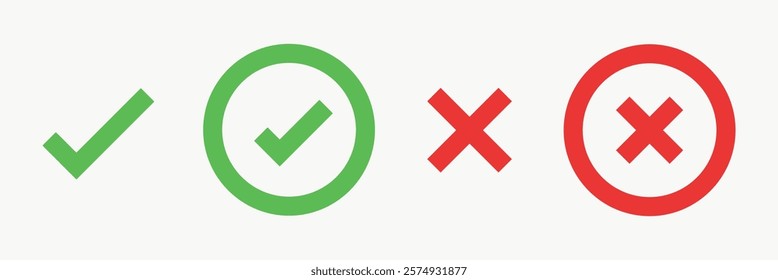 Green check marks and red crosses symbolize correct and incorrect choices. Check marks for approval, crosses for errors. Clear visual for right and wrong. Vector element set.