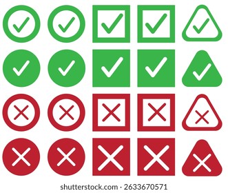 Green check marks and red crosses vector buttons or icons. Sign no and yes mark.