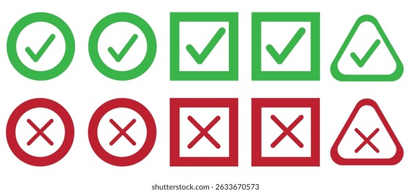 Marcas de seleção verdes e ícones ou botões vetoriais de cruzes vermelhas. Assinar n.o e sim.