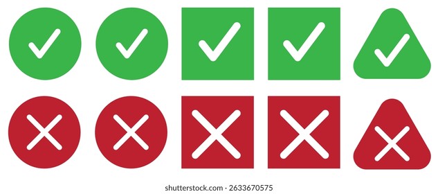 Marcas de seleção verdes e ícones ou botões vetoriais de cruzes vermelhas. Assinar n.o e sim.