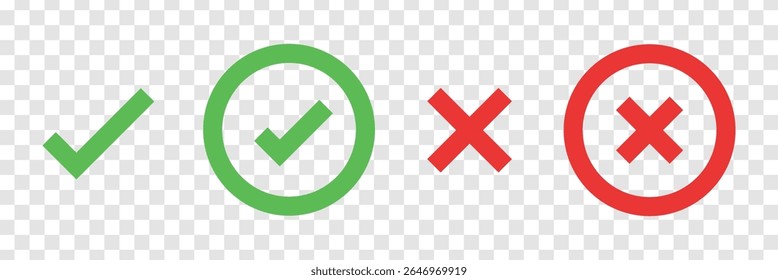 Green check marks and red crosses on a transparent background. Symbols for correct and incorrect. Check marks and crosses for decisions and evaluations. Vector element set.