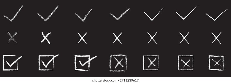 Green check marks and red crosses icon. Collection of green check marks and red cross symbols, including boxed versions, representing approval, rejection, validation, and error concepts.