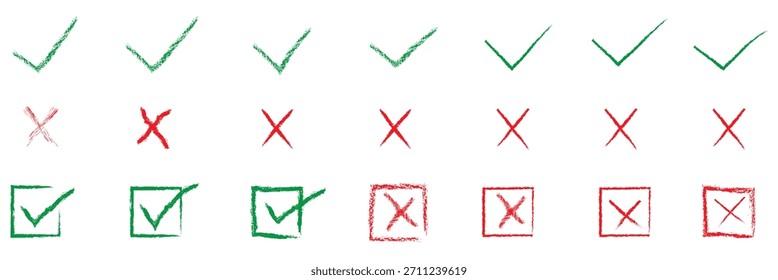 Green check marks and red crosses icon. Collection of green check marks and red cross symbols, including boxed versions, representing approval, rejection, validation, and error concepts.
