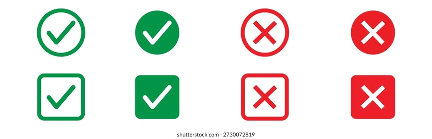Green check marks and red crosses show approval and disapproval. Vector of tasks, quizzes, or assessments to indicate correct and incorrect choices.