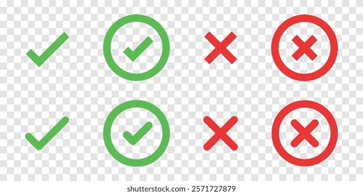 Green check marks and red X marks on a transparent background. Check marks indicate approval, while X marks signify disapproval. Symbols for correct and incorrect. Vector element set.